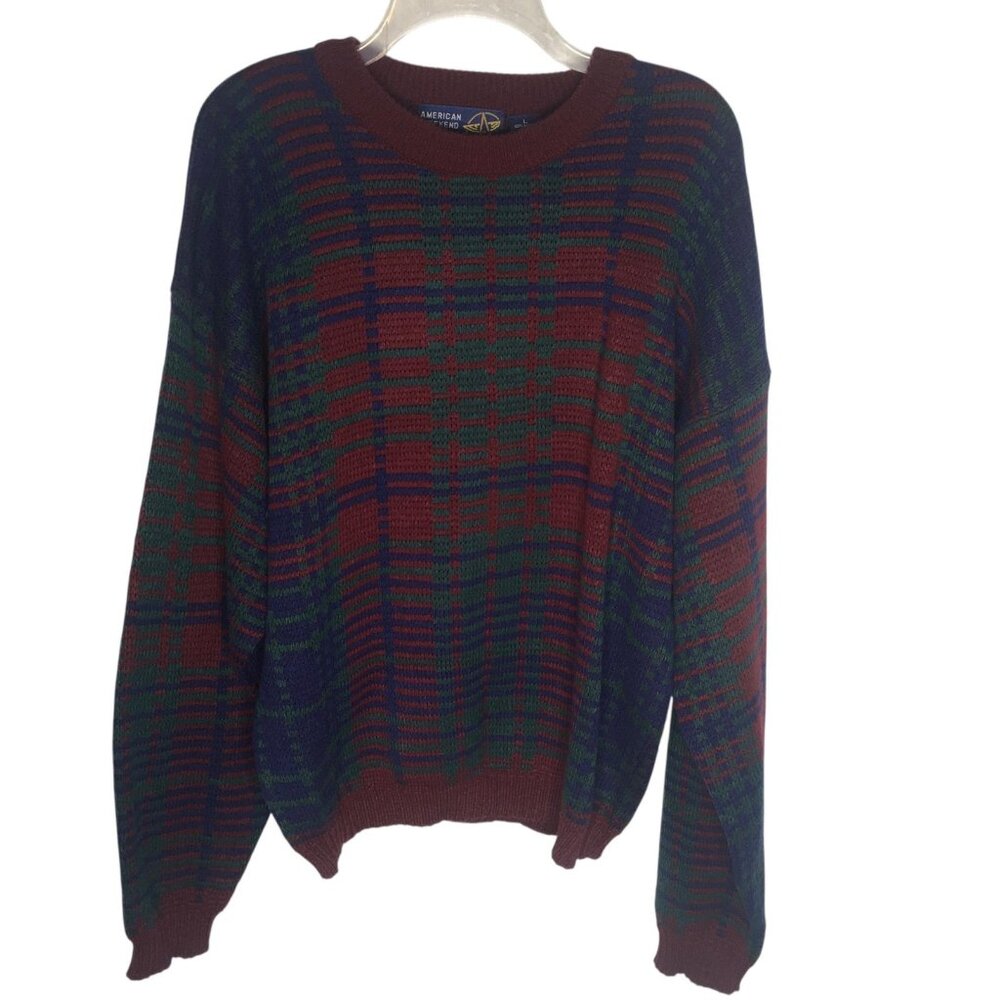 Vintage American Weekend Grandpa Sweater Cosby Mens Large Plaid Pullover 90s